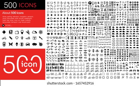 Set of 500 Media icon Arrow, parking, television, navigation, cloud, ship wheel, knife, bicycle, skateboard, heart, bee, shoe, mine,butterfly lamp,avatar,