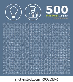 Set of 500 Standard Universal Minimalistic Elegant Modern Thin Line White Icons on Circular Buttons
