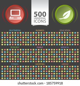 Set of 500 Universal Flat Icons on Circular Buttons (multimedia, business, ecology, education, family, fitness, medical, arrow, and shopping icons) on Black Background.