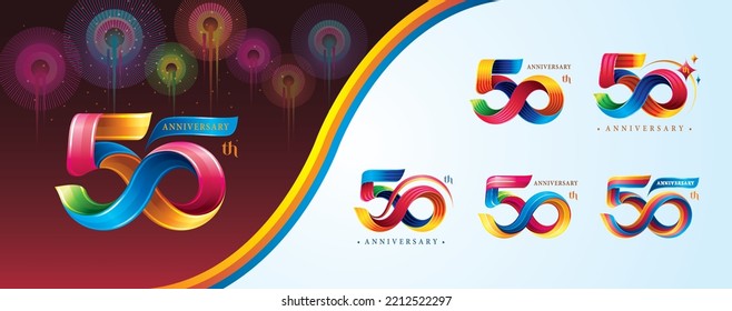 Set of 50th Anniversary Colorful logotype design, Fifty years celebration Logo. Abstract Twist Infinity multiple line Colorful for event, invitation, 50, 50th, fifty year Twisted Infinity logo number