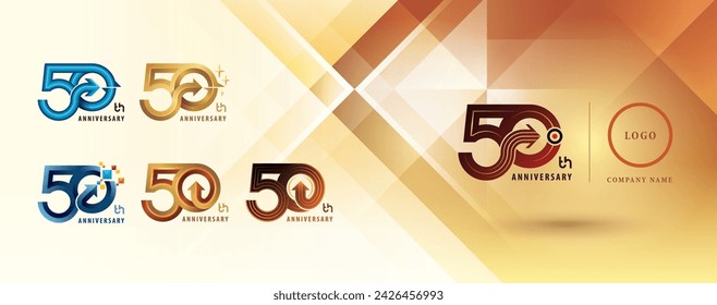 Set of 50th Anniversary logo design, Fifty years Celebrate Anniversary Logo multiple line for celebration event, Abstract Circle Arrow, Growth to Success Concept, Curved Arrow Right to Target, Logo 50