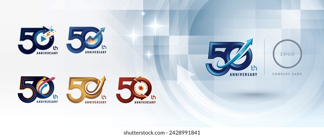 Set of 50th Anniversary logo design, Fifty years Anniversary Logo multiple line for celebration event, Abstract Logo 50 Circle Arrow, Graph Growth to Success Concept, Upward Curved Arrow Right to Top,