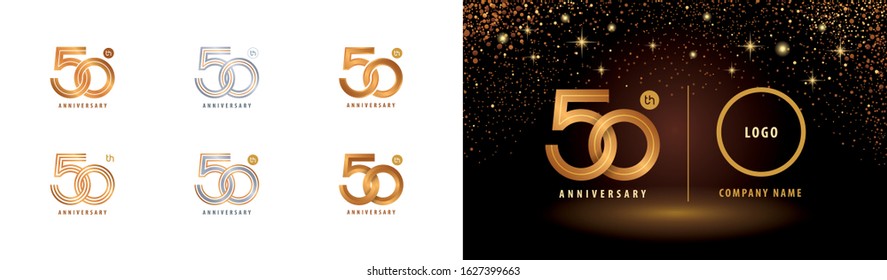 Set of 50th Anniversary logotype design, Fifty years Celebrating Anniversary Logo silver and golden for celebration event, greeting, Infinity loop logo, Abstract circle weave, unite, harmony, together