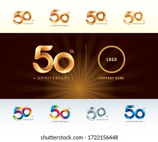 Set of 50th Anniversary logotype design, Fifty years celebration Anniversary Logo silver and golden, Origami stylized Number Letters, Twist Ribbons Logo for event, invitation, greeting, Party, Fashion