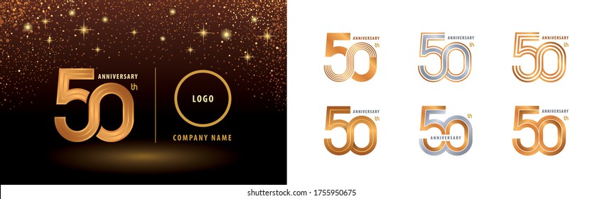 Set von 50-Jubiläum-Logo-Design, 50 Jahre Jubiläumsfeier. Infinity Logo Silber und Golden für Feierlichkeiten, Einladung, Gruß, Webvorlage, Flyer und Broschüre