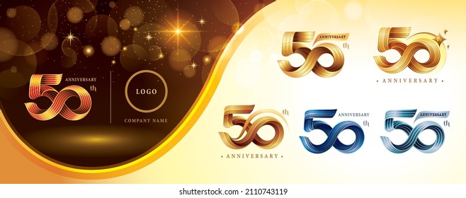 Set of 50th Anniversary logotype design, Fifty years anniversary celebration Logo. Twist Infinity multiple line golden for celebration event, invitation, greeting, 50 year Infinity loop logo
