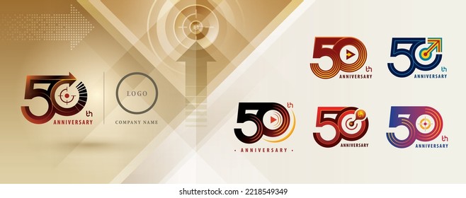 Set of 50th Anniversary logotype design, Fifty years Celebrate Anniversary Logo multiple line for celebration, invitation, greeting, Play Arrow, Target Sign logo, Molecule, Growth to Success Concept