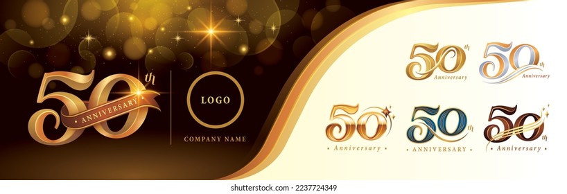 Set of 50th Anniversary logotype design, Fifty years anniversary celebration Logo, Golden Luxury and Retro Serif Number 50 Letters, Elegant Classic Logo for Congratulation celebration event, greeting.