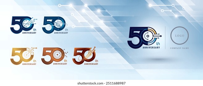 Conjunto de 50th Anniversary logotipo projeto, Cinquenta anos comemorar aniversário logotipo para celebração, linhas conectadas abstratas e pontos placa de circuito, conexão de rede global, Tecnologia digital, Logo 50