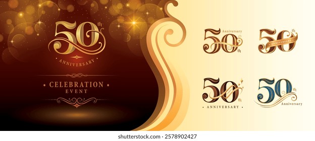 Set of 50th Anniversary logotype design, Fifty years Anniversary Logo, Elegant Classic Logo, Luxury Vintage and retro Serif Number 50, Celebrating Anniversary Logo for Congratulation event, invitation