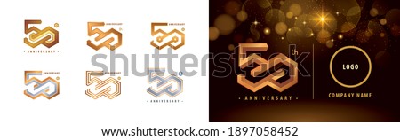 Set of 50th Anniversary logotype design, Fifty years anniversary celebration. Hexagon Infinity logo, 50 Years Celebrating Anniversary Logo silver and golden for celebration event, invitation.