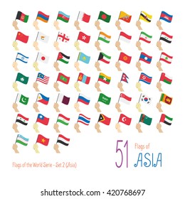 Set of 51 flags of Asia. Hand raising the national flags of 51 countries of Asia. Icon set Vector Illustration.