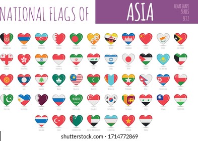 Set of 51 heart shaped flags of the countries of Asia. Icon set Vector Illustration.