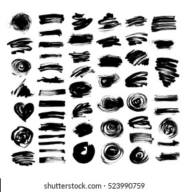 set of 52 black ink hand drawing brushes collection isolated on white background for your design, brush strokes element vector illustration