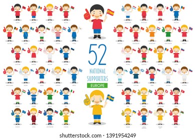Set of 52 national sport team fans from European countries Vector Illustration