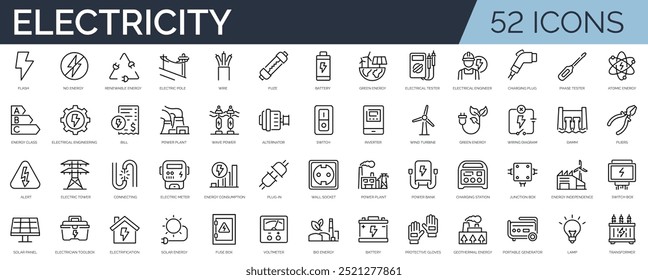 Conjunto de 52 iconos de contorno relacionados con la electricidad. Colección de iconos lineales. Trazo editable. Ilustración vectorial