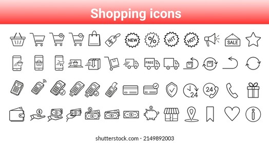 Conjunto de 52 iconos de compras; El signo comercial editable para sitios web, aplicaciones o banners sobre negocios, comercio minorista y marketing