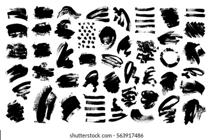 set of 53 black ink hand drawing brushes collection isolated on white background for your design, brush strokes element vector illustration