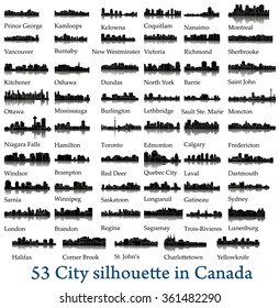 Set of 53 City silhouette in Canada ( Toronto, Calgary, Edmonton, Quebec City, Montreal, Ottawa, Vancouver, Winnipeg, Brandon, Saskatoon, Niagara Falls, Regina, London, Coquitlam,  Mississauga )