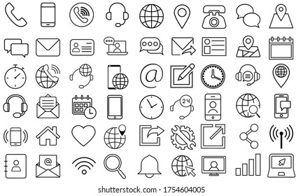 Set of 54 Contact Us web Vector icons in line style. Web and mobile signs illustration. Chat symbol. Support logo.