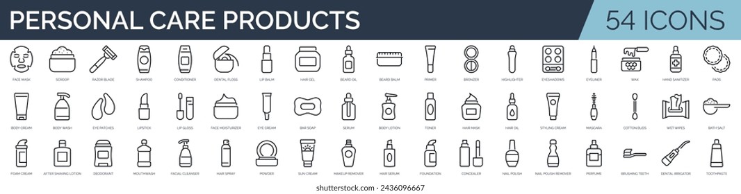 Set of 54 outline icons related to personal care products. Linear icon collection. Editable stroke. Vector illustration