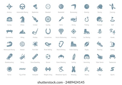 Set of 54 sports icon collection. Collection of 54 kinds of sports and activities. Vector illustration.