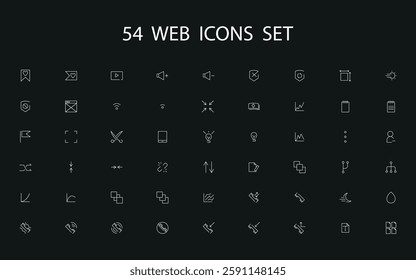 A set of 54 web icons on a dark background. The icons are made in a minimalist style and represent various web concepts