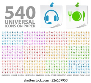 Set of 540 High Quality Standard Colored Icons on Notepaper Buttons on White Background.