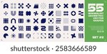 Set of 55 abstract geometric shapes, symbols, logomarks and other simple graphic design elements for minimalist, brutalist or bauhaus design. Swiss style, Y2K, postmodern. EPS10 vector graphic.