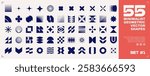 Set of 55 abstract geometric shapes, symbols, logomarks and other simple graphic design elements for minimalist, brutalist or bauhaus design. Swiss style, Y2K, postmodern. EPS10 vector graphic.