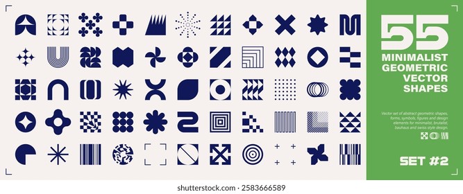 Set of 55 abstract geometric shapes, symbols, logomarks and other simple graphic design elements for minimalist, brutalist or bauhaus design. Swiss style, Y2K, postmodern. EPS10 vector graphic.