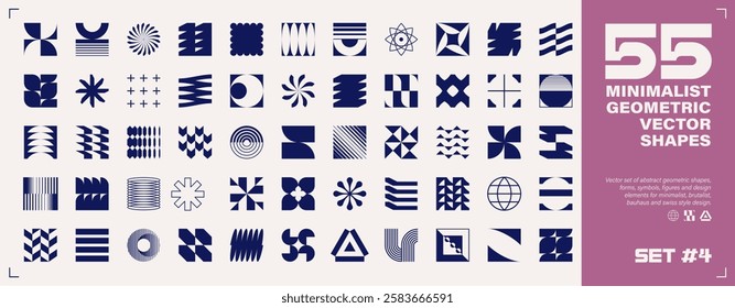 Set of 55 abstract geometric shapes, symbols, logomarks and other simple graphic design elements for minimalist, brutalist or bauhaus design. Swiss style, Y2K, postmodern. EPS10 vector graphic.