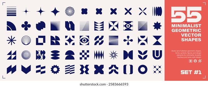 Set of 55 abstract geometric shapes, symbols, logomarks and other simple graphic design elements for minimalist, brutalist or bauhaus design. Swiss style, Y2K, postmodern. EPS10 vector graphic.