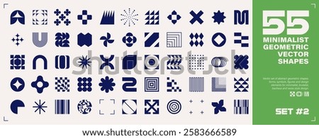 Set of 55 abstract geometric shapes, symbols, logomarks and other simple graphic design elements for minimalist, brutalist or bauhaus design. Swiss style, Y2K, postmodern. EPS10 vector graphic.