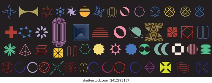set of 55 Brutalist abstract geometric y2k shapes and grids. Brutal contemporary figure star oval spiral flower and other primitive elements. Swiss design aesthetic. Bauhaus Memphis icon design.