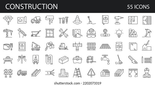 Set of 55 building and construction simple line isolated icon collection. Editable Stroke. Repair, Renovation,  Work Tools,  Materials 