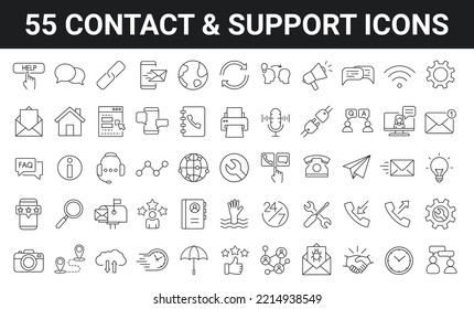 Set of 55 Contact us, support and Help icons in line style. Outline icons collection. Simple vector illustration. Assistance, customer, review, 24 hrs, contact. 