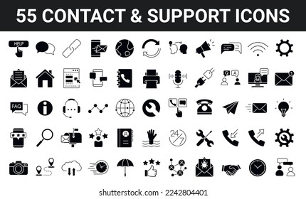 Set of 55 Contact us, support and Help icons in filled style. Simple vector illustration. Assistance, customer, review, 24 hrs, contact. 