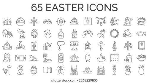 Set of 55 easter line icons. Spring, holidays, Christ, God, Christianity. Collection of editable stroke icons. Vector illustrator.
