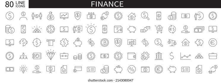 Set of 55 Finance icons. Business and Finance web icons. Vector business and finance editable stroke line icon set with money, bank, check, law, auction, exchance, payment. Vector illustration.