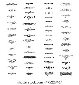 Set of 55 hand drawn borders made with ink. Dividers. Vector design elements. 