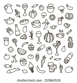 Set of 55 icons on the theme of food, different dishes and cuisines