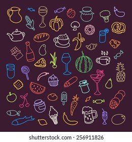 Set of 55 icons on the theme of food, different dishes and cuisines