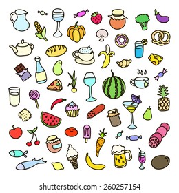 Set of 55 icons on the theme of food, different dishes and cuisines