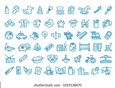 Set of 55 kids stuff hand drawn blue icons drawn with a felt-tip pen