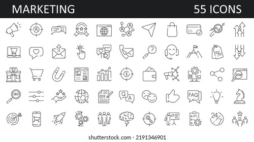 Set of 55 marketing line icons. Seo, sem, Digital Marketing, advertise, report, data. Thin line web icon collection. Simple vector illustration