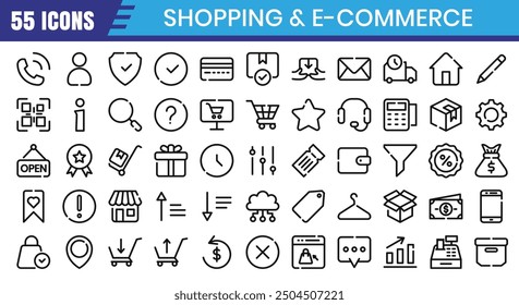 Set of 55 outline icons related shopping and e-commerce. Linear icon collection. Editable stroke. Vector illustration