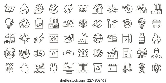 Conjunto de 55 iconos vectoriales de línea delgada relacionados con fuentes de energía y el medio ambiente. Ilustraciones del esquema de derrames lineales para energías renovables y algunas fuentes de energía de combustibles fósiles