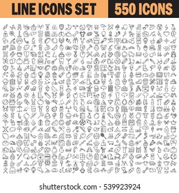 Set Of 550 Icon For Web Design Or Mobile App. Thin Line Symbol Of Sport, Travel, Food, Drink, Season, Medical, Etc. Outline Icons Of Sweets, Fruit, Recreation, Camping. Big Collection Signs Or Logo. 