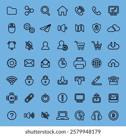 Set of 56 black icons on a blue background. Icons include communication, security, and technology symbols. Simple, clear, and versatile icon set. User interface icon vector set.